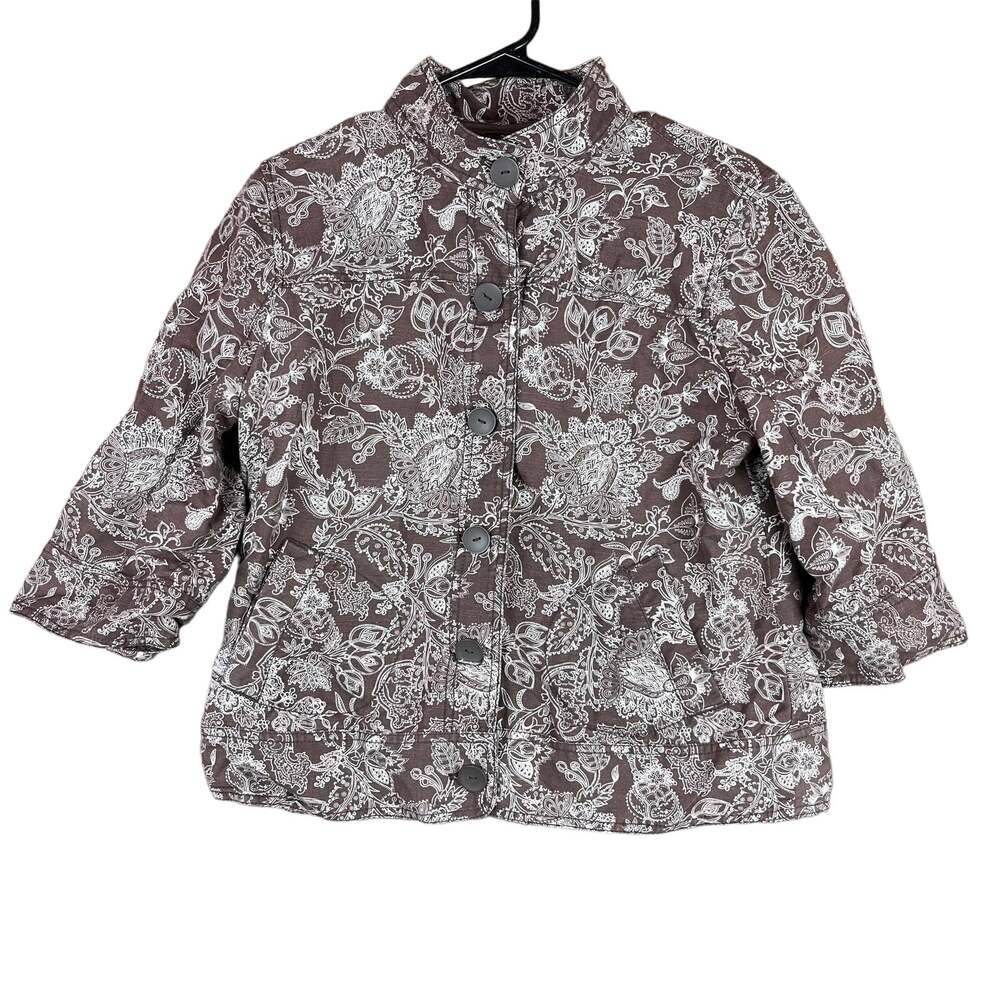 Croft & Barrow Women Jacket Brown White Paisley Petite Linen Blend 3/4 Sleeve PM
